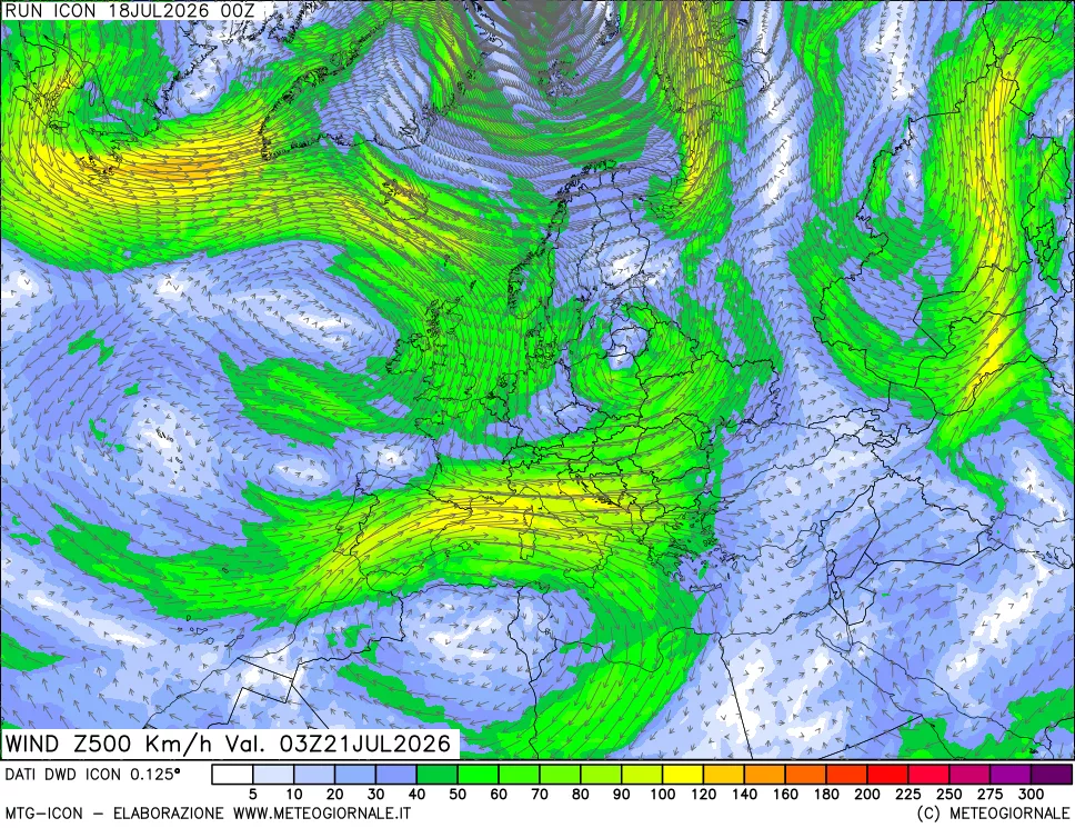 mappa 500 hPa Vento forza e direzione