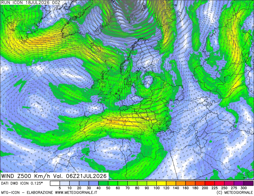 mappa 500 hPa Vento forza e direzione