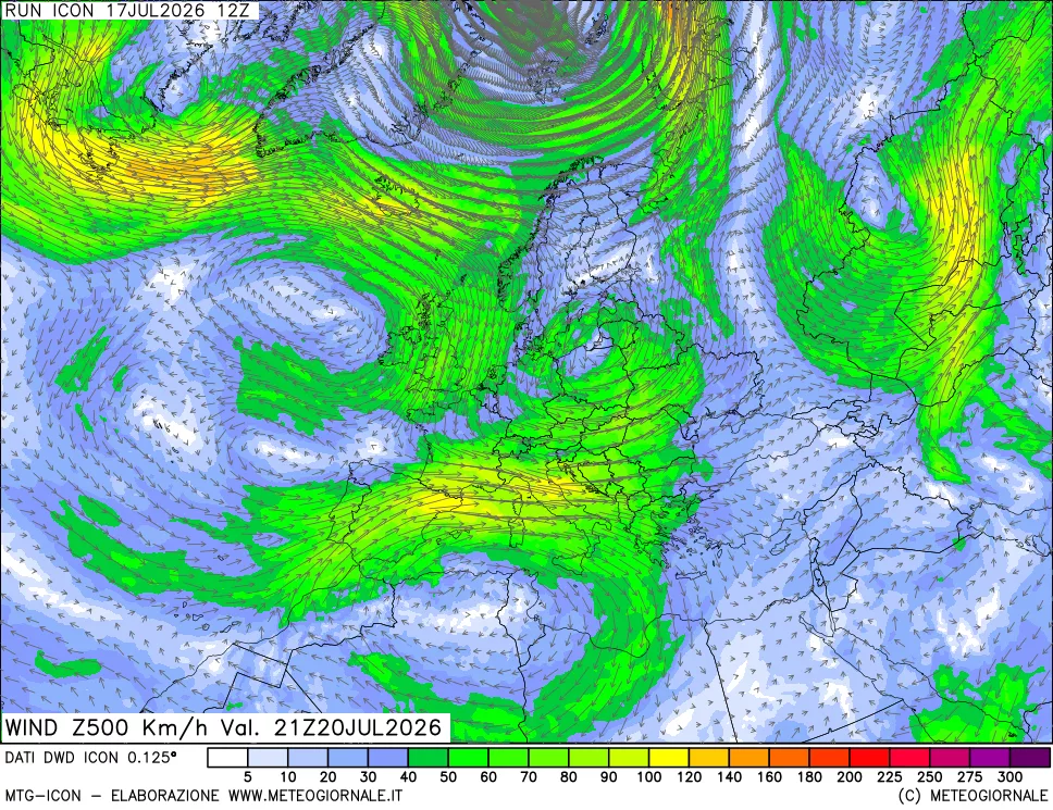 mappa 500 hPa Vento forza e direzione