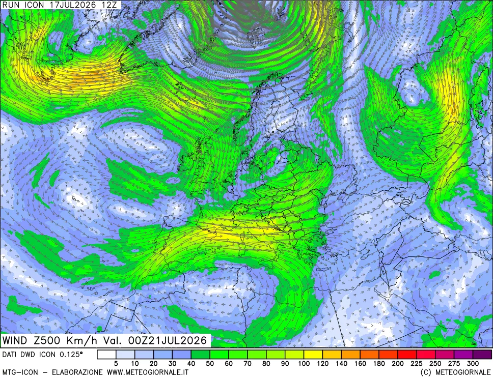 mappa 500 hPa Vento forza e direzione