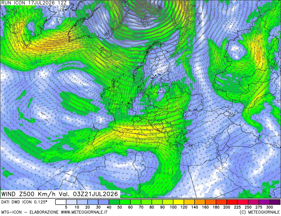 mappa 500 hPa Vento forza e direzione