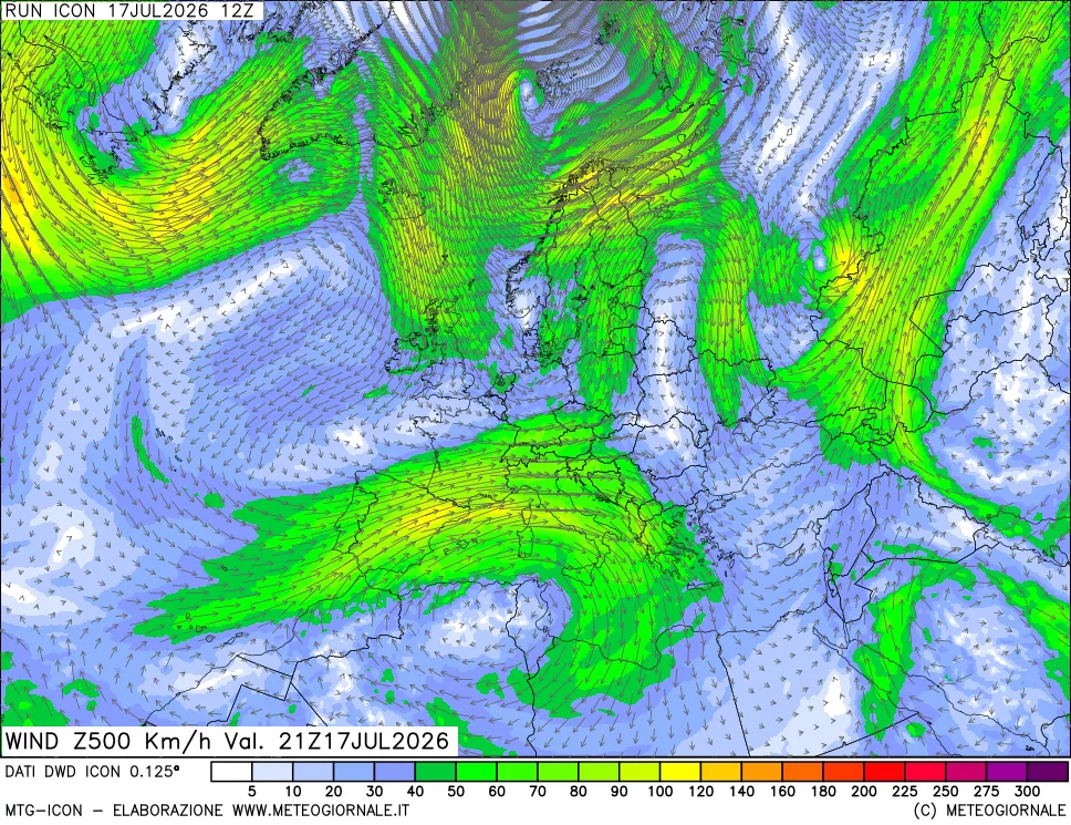 mappa 500 hPa Vento forza e direzione
