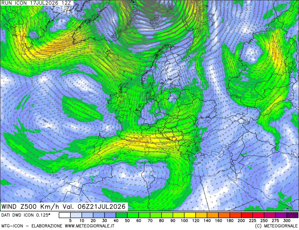 mappa 500 hPa Vento forza e direzione