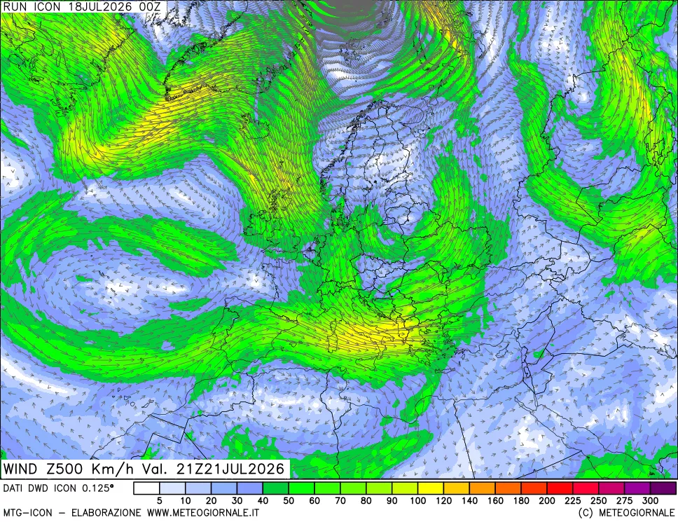 mappa 500 hPa Vento forza e direzione