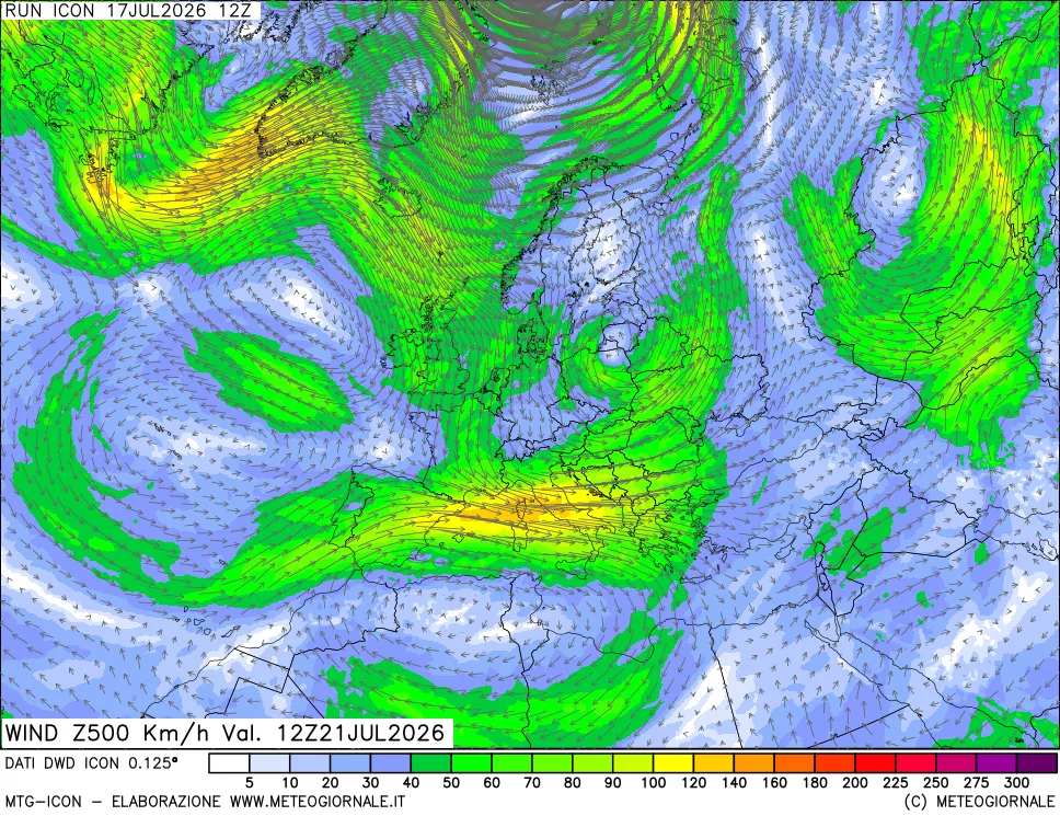 mappa 500 hPa Vento forza e direzione