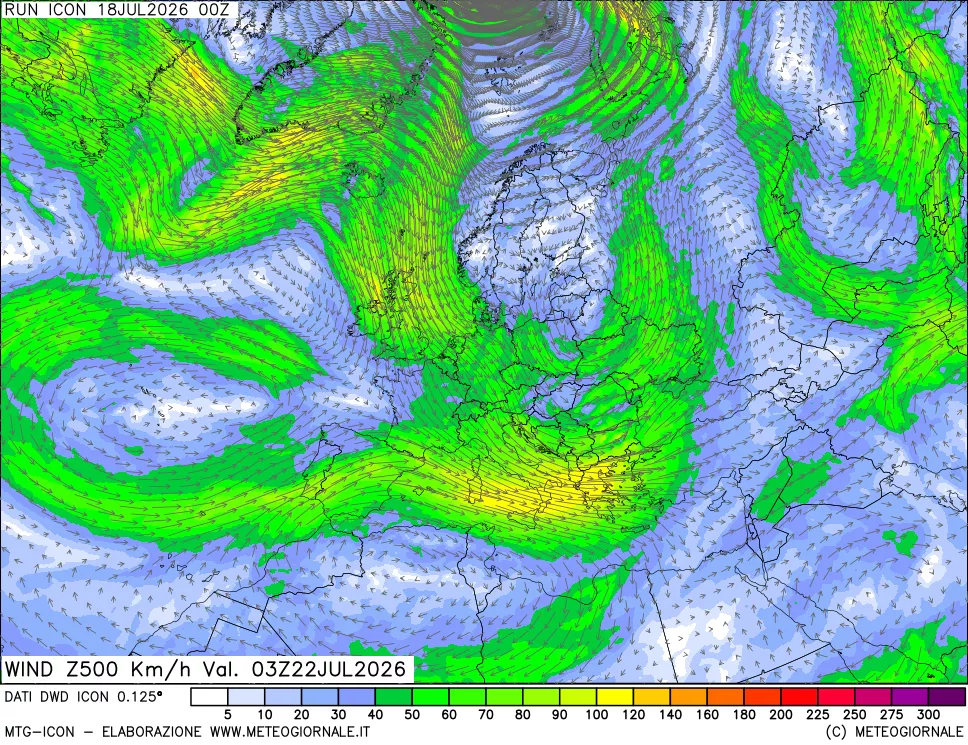 mappa 500 hPa Vento forza e direzione