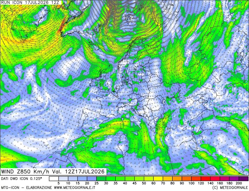 mappa 850 hPa Vento forza e direzione