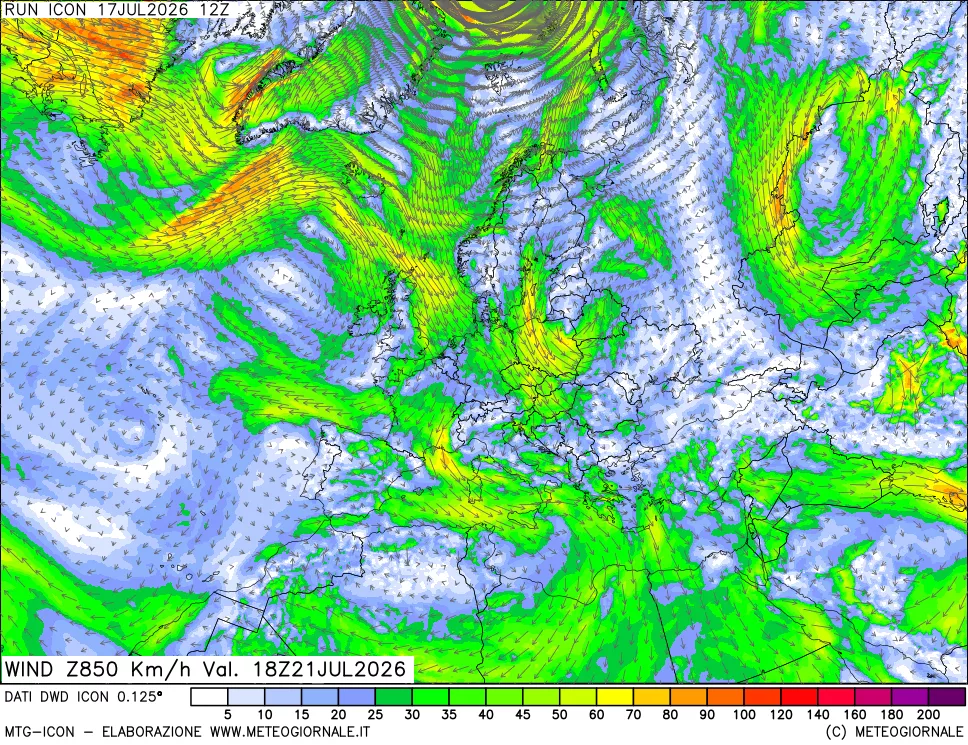 mappa 850 hPa Vento forza e direzione