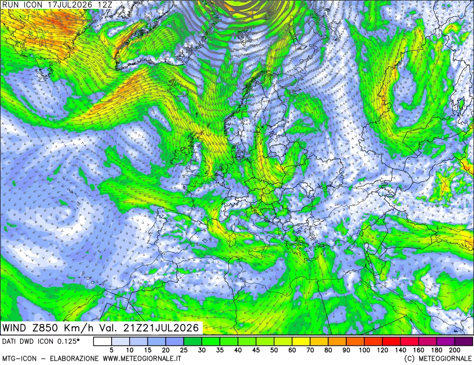 mappa 850 hPa Vento forza e direzione