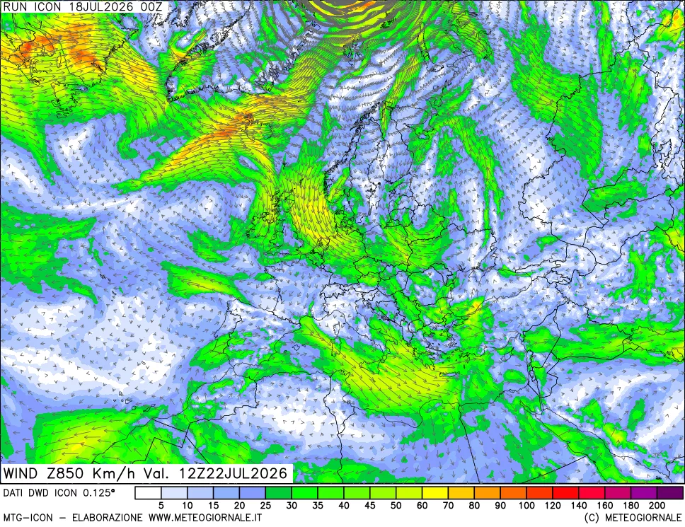 mappa 850 hPa Vento forza e direzione