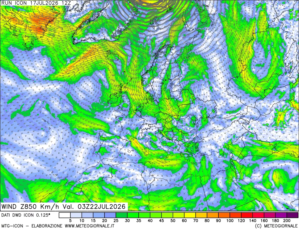 mappa 850 hPa Vento forza e direzione
