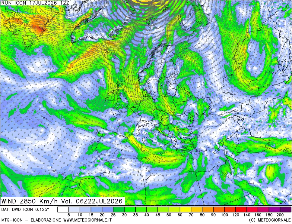 mappa 850 hPa Vento forza e direzione