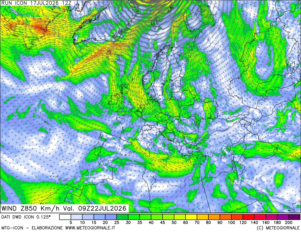 mappa 850 hPa Vento forza e direzione