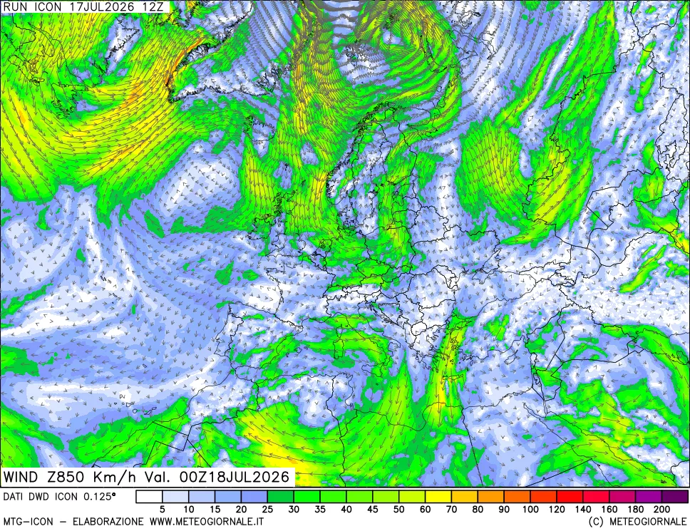 mappa 850 hPa Vento forza e direzione