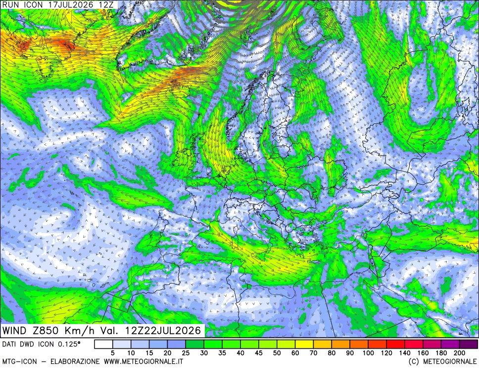 mappa 850 hPa Vento forza e direzione