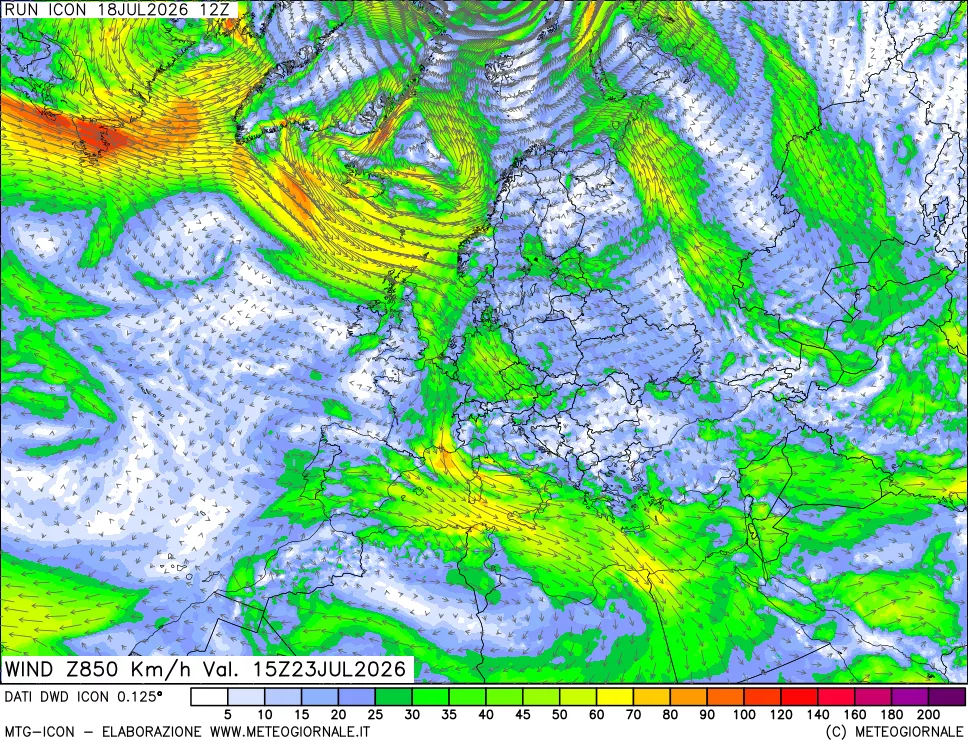 mappa 850 hPa Vento forza e direzione