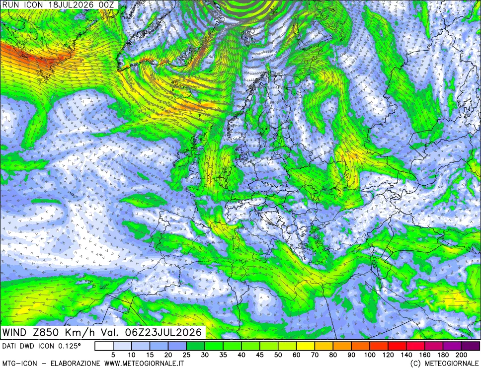 mappa 850 hPa Vento forza e direzione