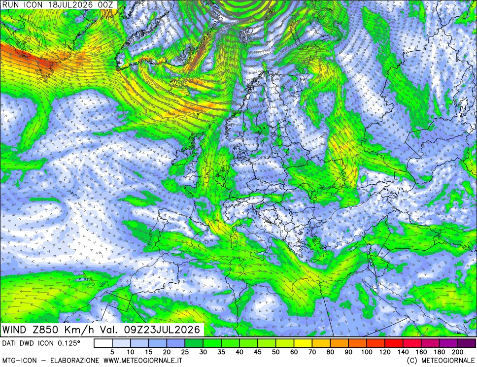 mappa 850 hPa Vento forza e direzione
