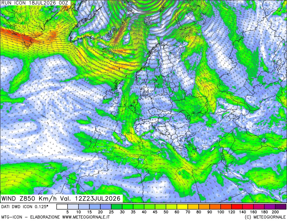 mappa 850 hPa Vento forza e direzione