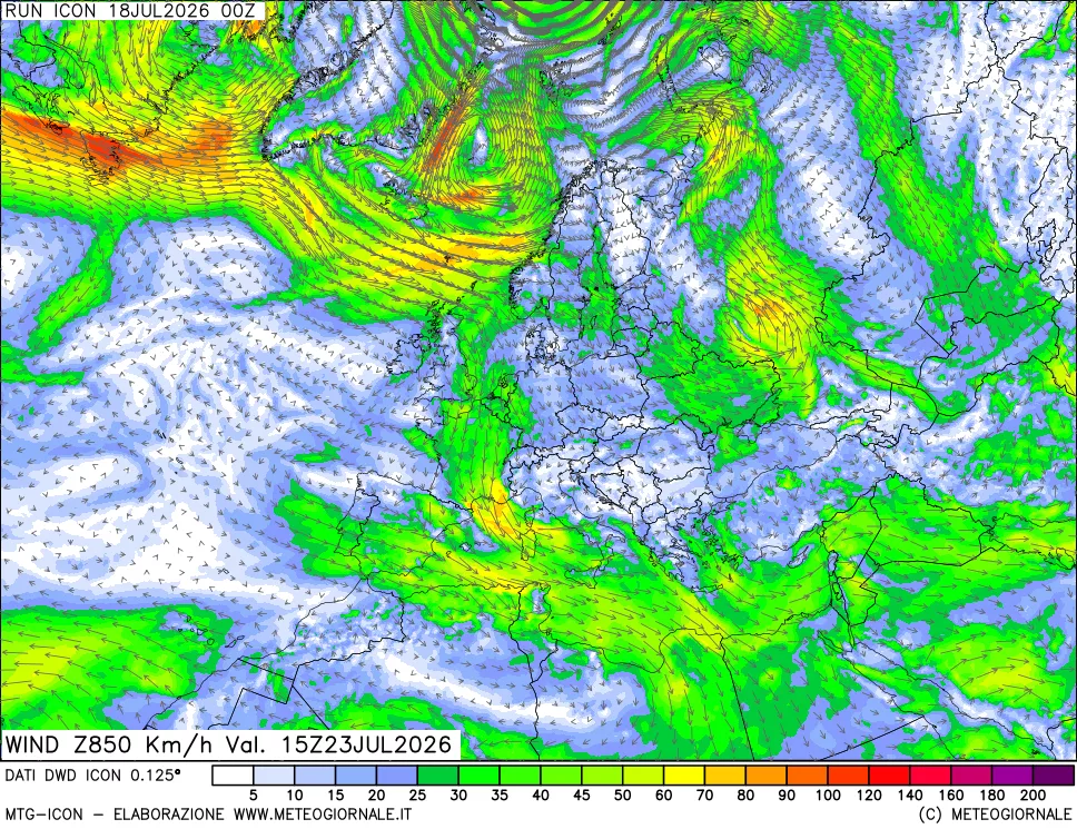mappa 850 hPa Vento forza e direzione