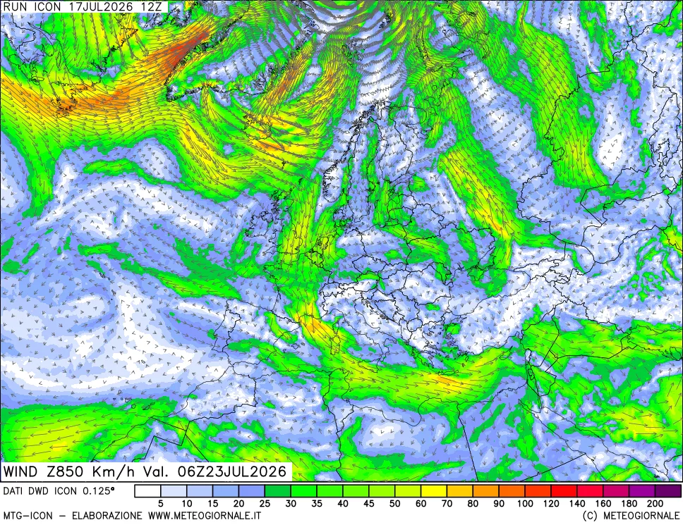 mappa 850 hPa Vento forza e direzione