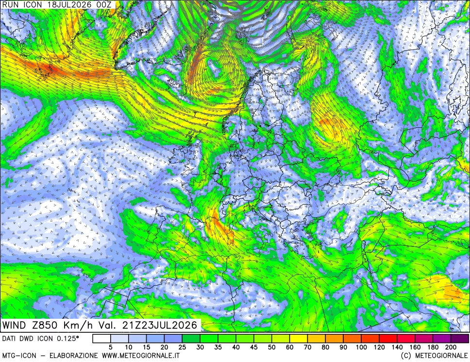 mappa 850 hPa Vento forza e direzione