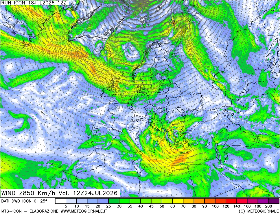 mappa 850 hPa Vento forza e direzione