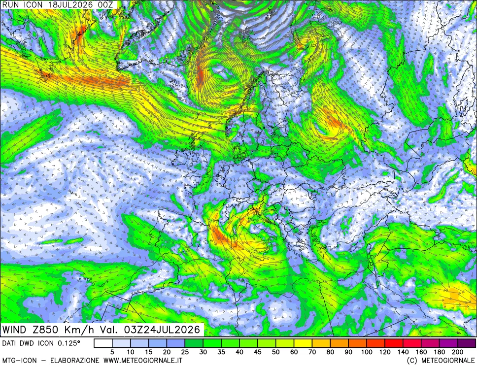 mappa 850 hPa Vento forza e direzione