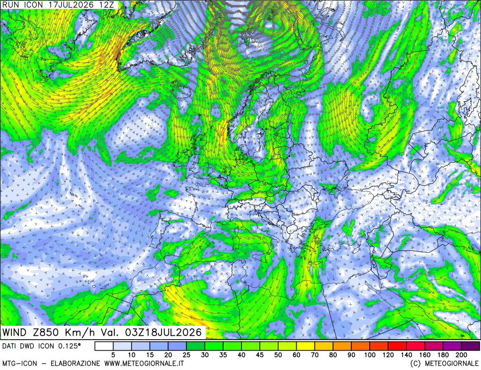 mappa 850 hPa Vento forza e direzione