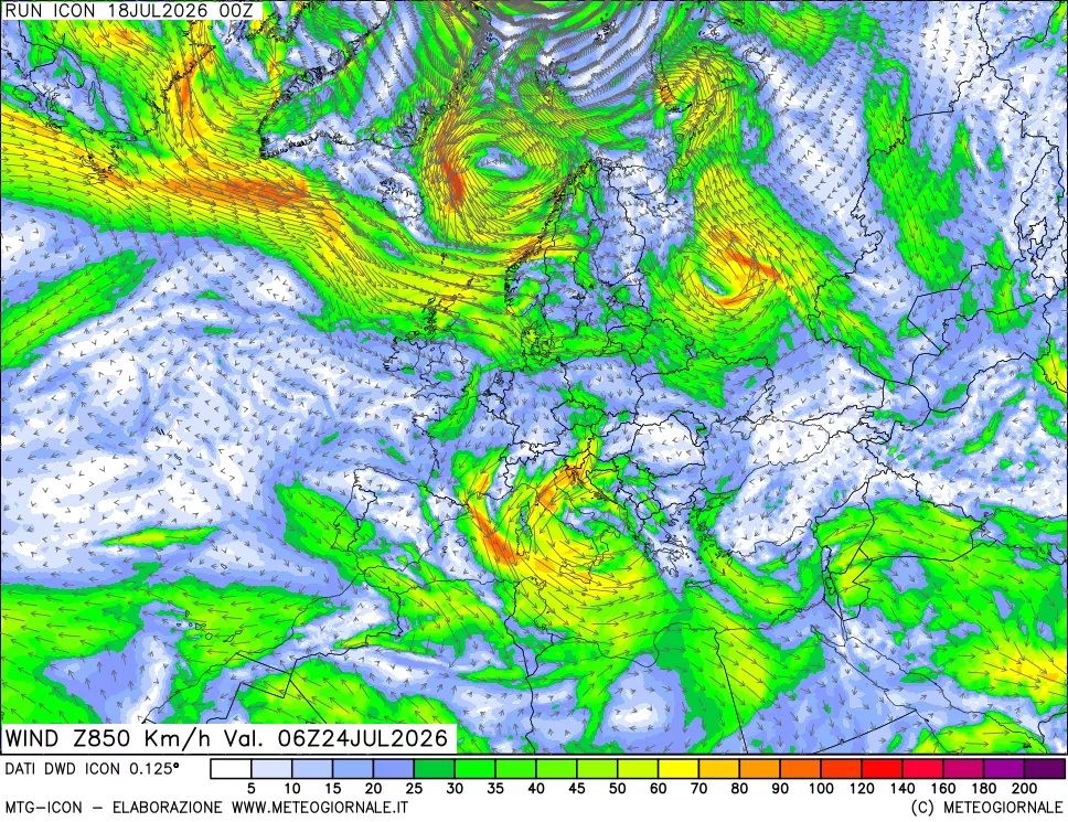 mappa 850 hPa Vento forza e direzione