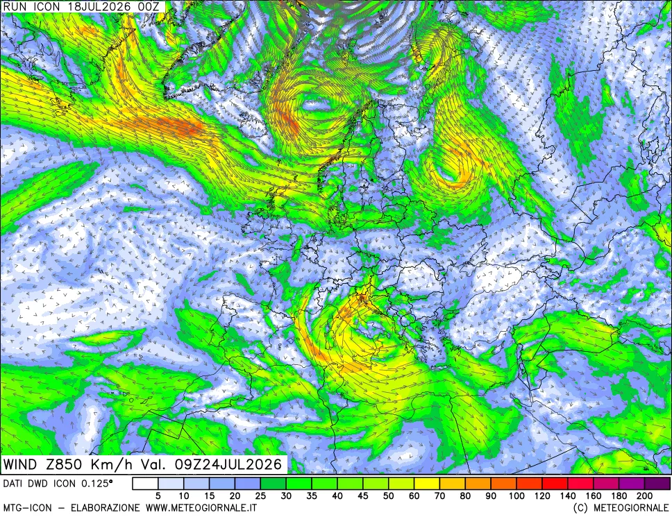 mappa 850 hPa Vento forza e direzione
