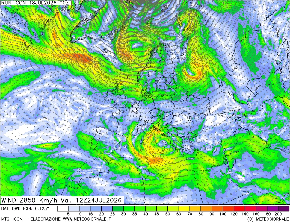 mappa 850 hPa Vento forza e direzione