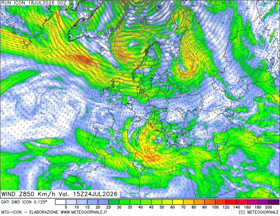 mappa 850 hPa Vento forza e direzione