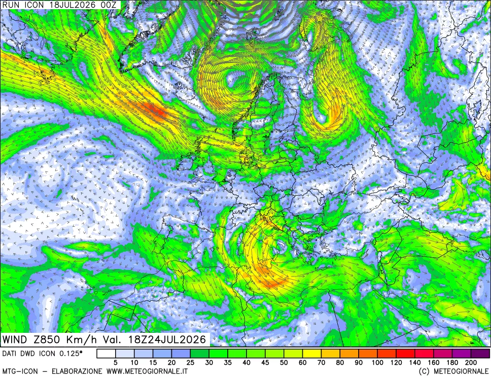 mappa 850 hPa Vento forza e direzione