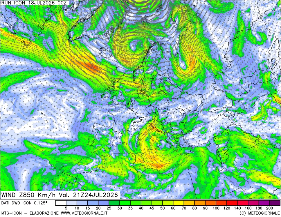 mappa 850 hPa Vento forza e direzione