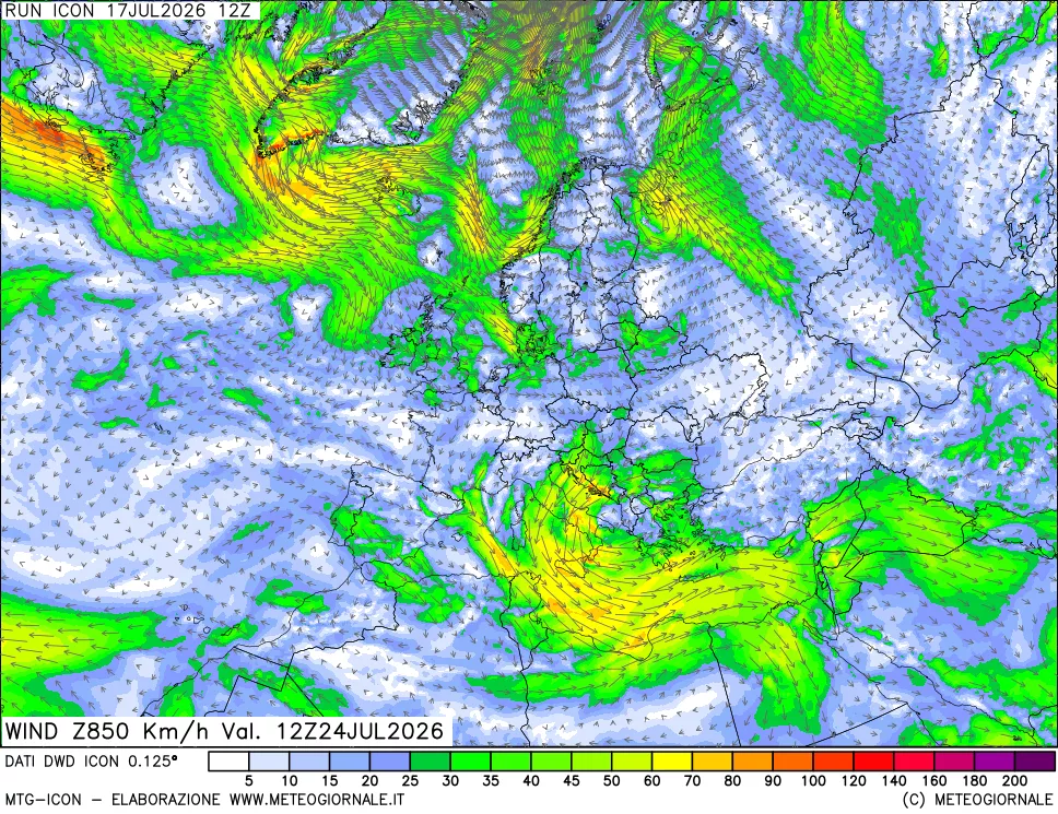 mappa 850 hPa Vento forza e direzione
