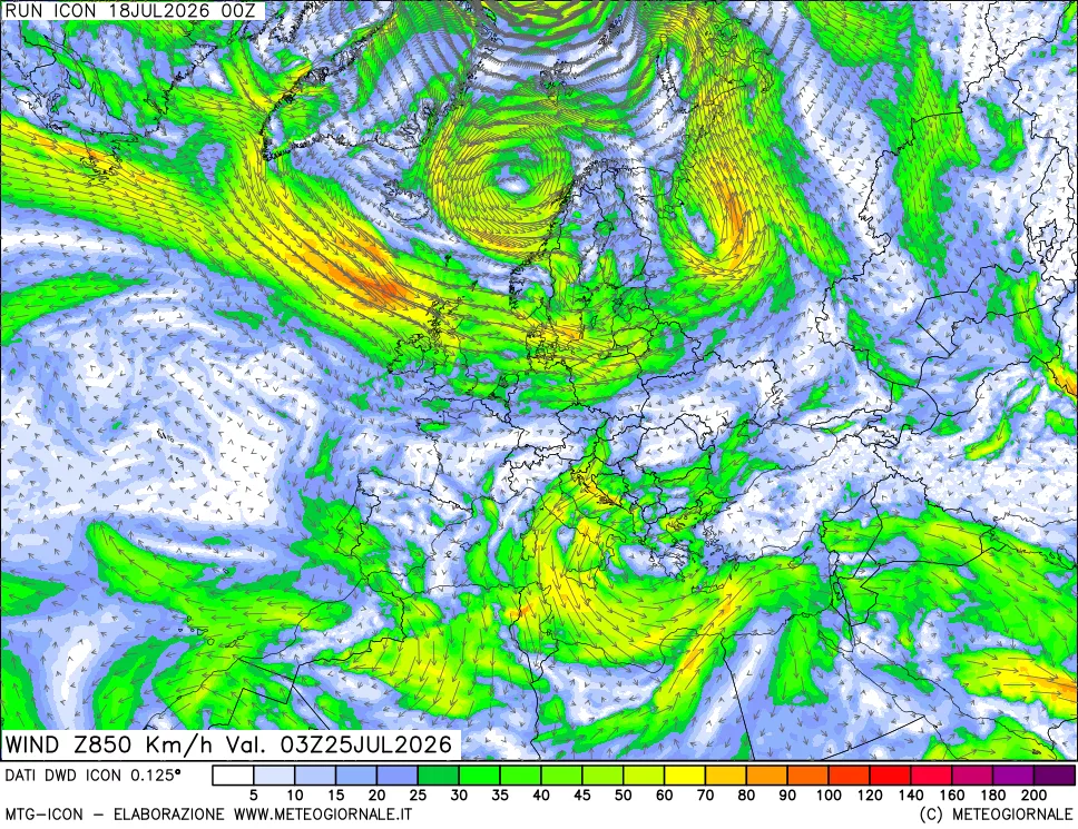 mappa 850 hPa Vento forza e direzione