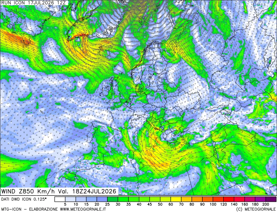 mappa 850 hPa Vento forza e direzione