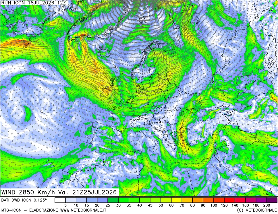 mappa 850 hPa Vento forza e direzione