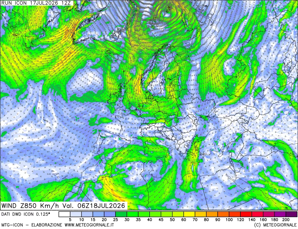 mappa 850 hPa Vento forza e direzione