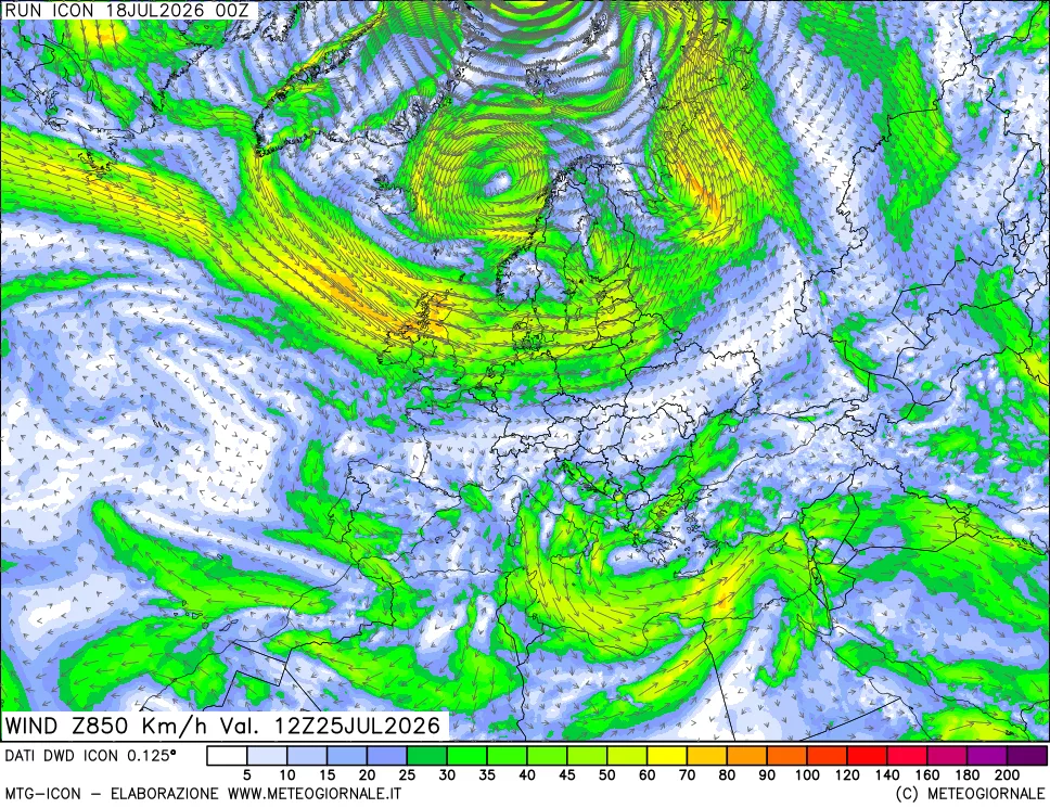 mappa 850 hPa Vento forza e direzione
