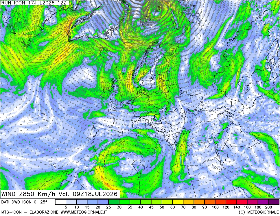 mappa 850 hPa Vento forza e direzione