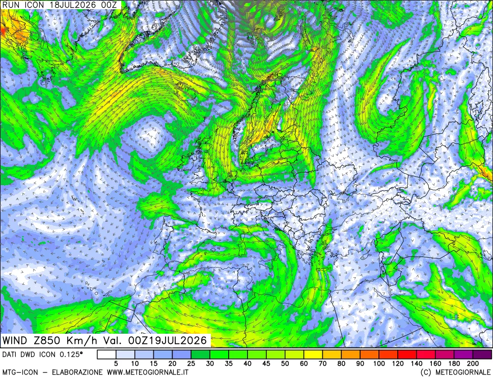 mappa 850 hPa Vento forza e direzione
