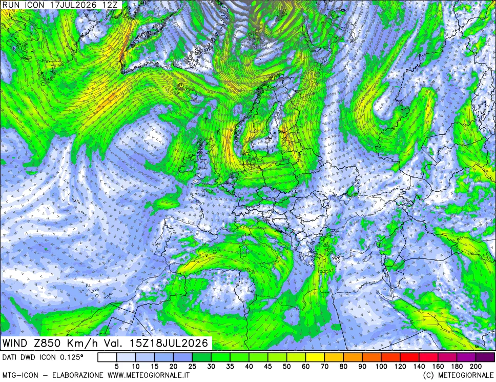 mappa 850 hPa Vento forza e direzione