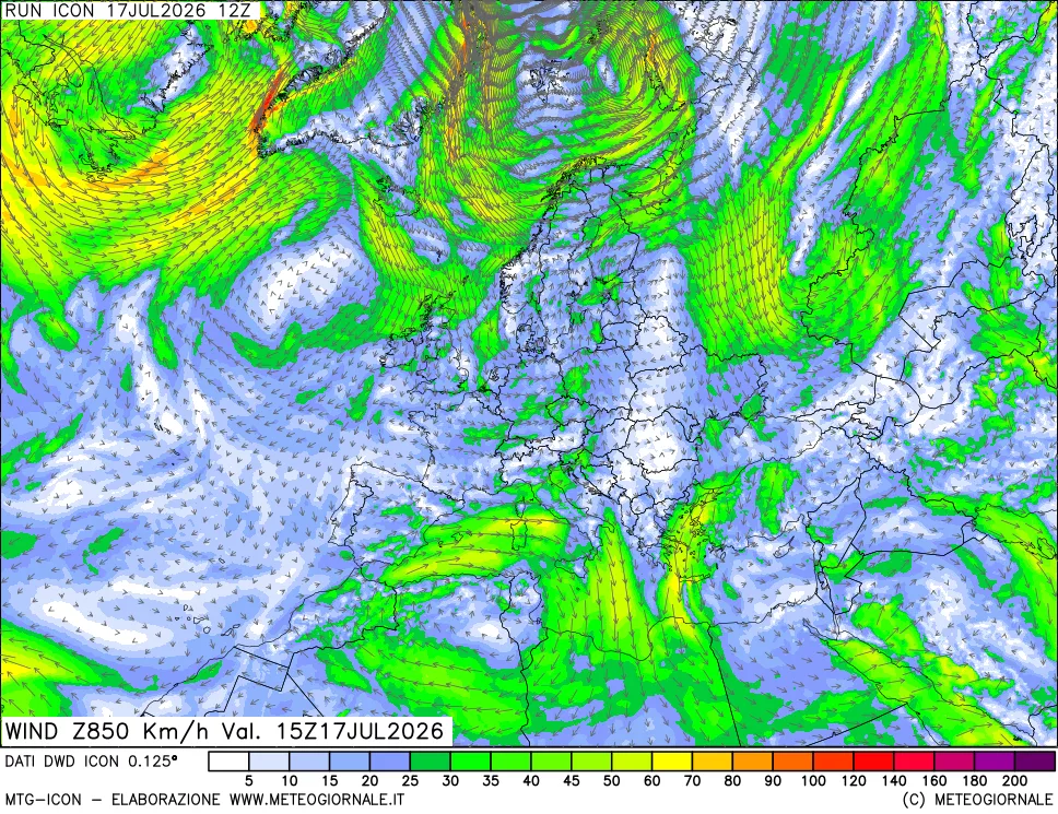 mappa 850 hPa Vento forza e direzione