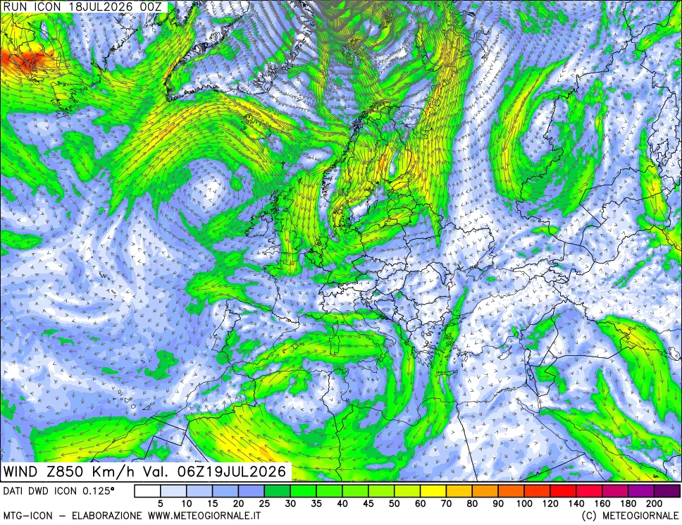 mappa 850 hPa Vento forza e direzione