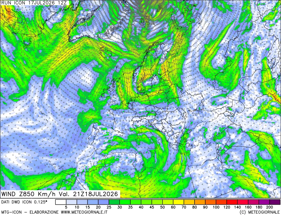 mappa 850 hPa Vento forza e direzione