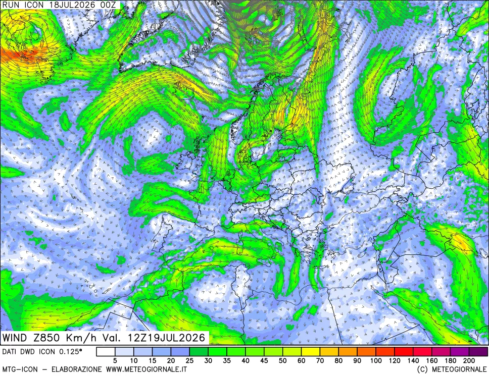 mappa 850 hPa Vento forza e direzione
