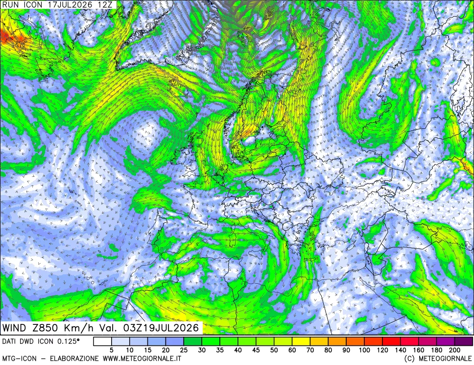 mappa 850 hPa Vento forza e direzione