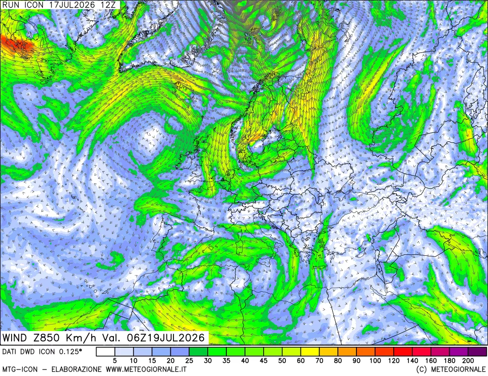 mappa 850 hPa Vento forza e direzione